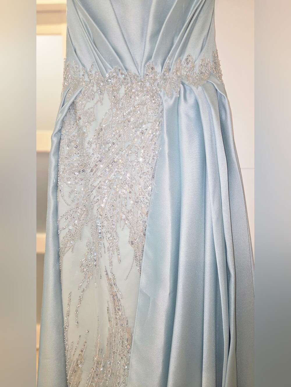 MNM Couture Strapless Ice Blue Embellished Gown with Draped Overskirt - Picture 7 of 7